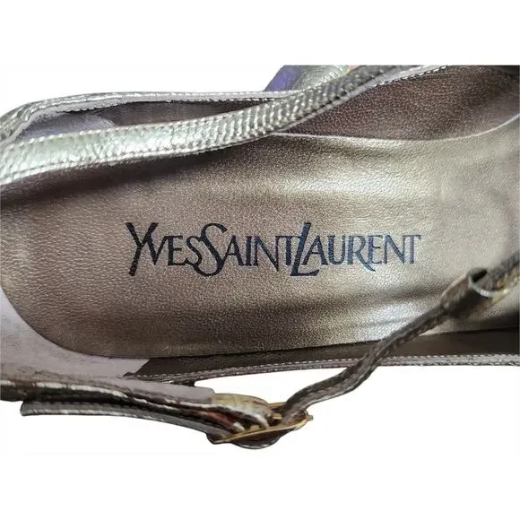 Vintage YSL Gold Metallic Python Embossed Leather Stiletto Mary Jane Pumps 7.5M - Picture 6 of 8
